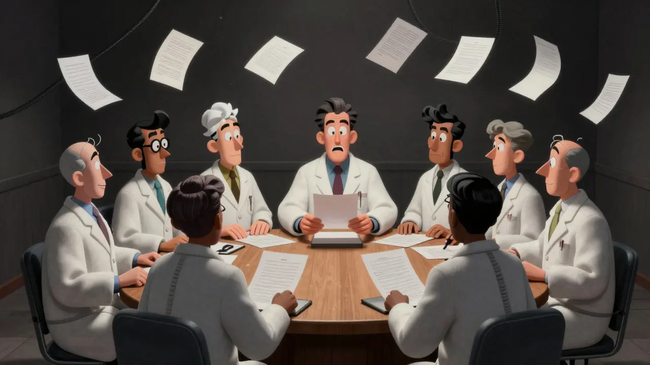 Cartoon committee members reviewing files at a round table