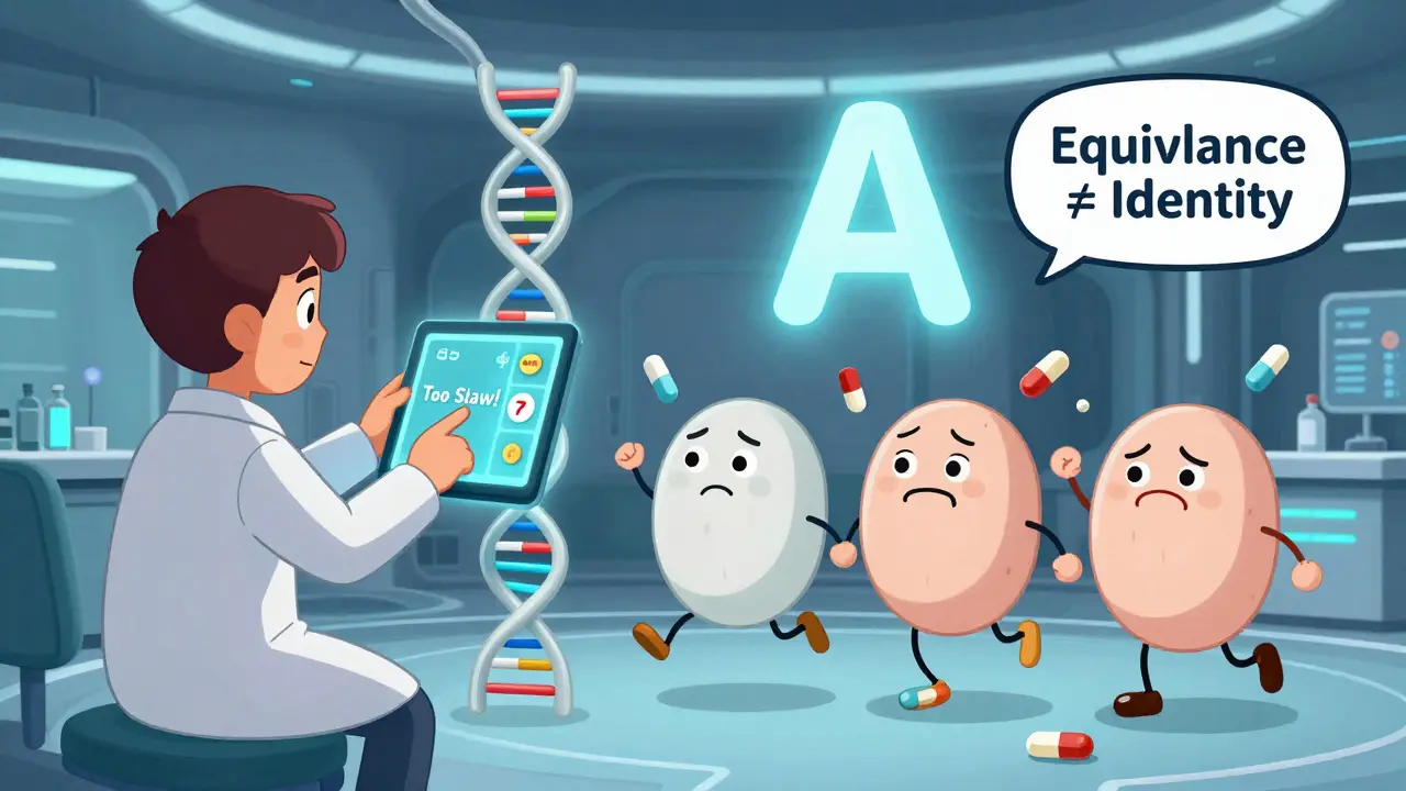 Doctor scanning patient's DNA with floating generic pills and uncertain A rating