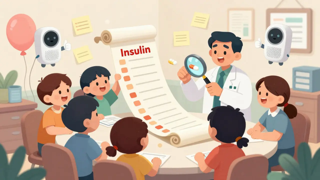 Family and pharmacist reviewing a large medication list with a voice assistant nearby.