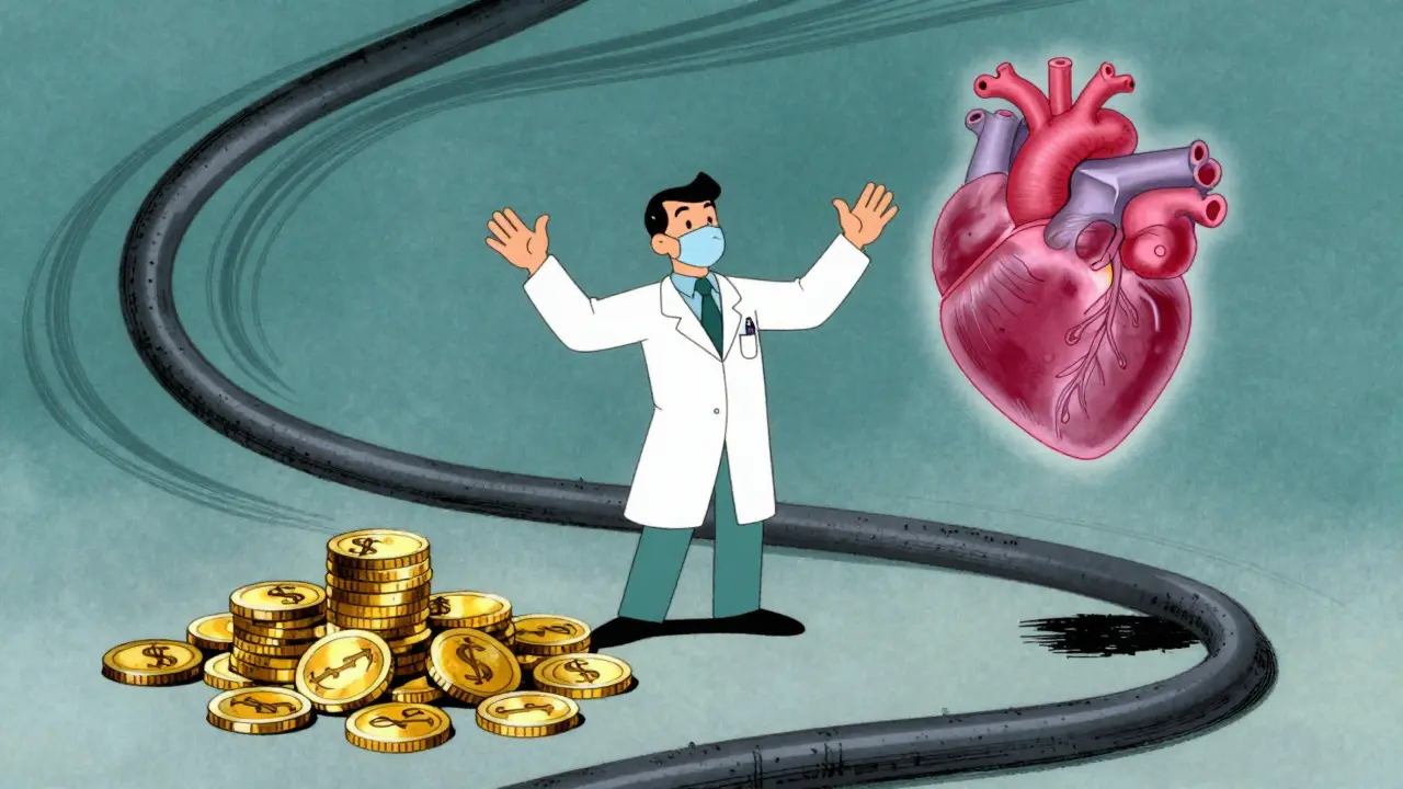 Illustrated doctor balancing money and health on scales