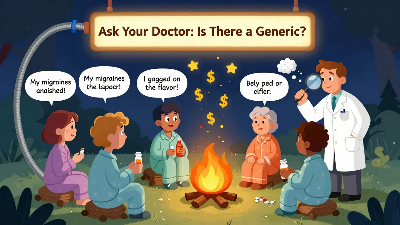 Patients sit around a campfire of pill bottles sharing experiences, while a pharmacist examines pill fillers with a magnifying glass.