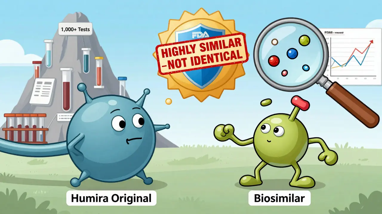 Two protein molecules side by side — one smooth, one wobbly — with a giant FDA seal declaring them highly similar.