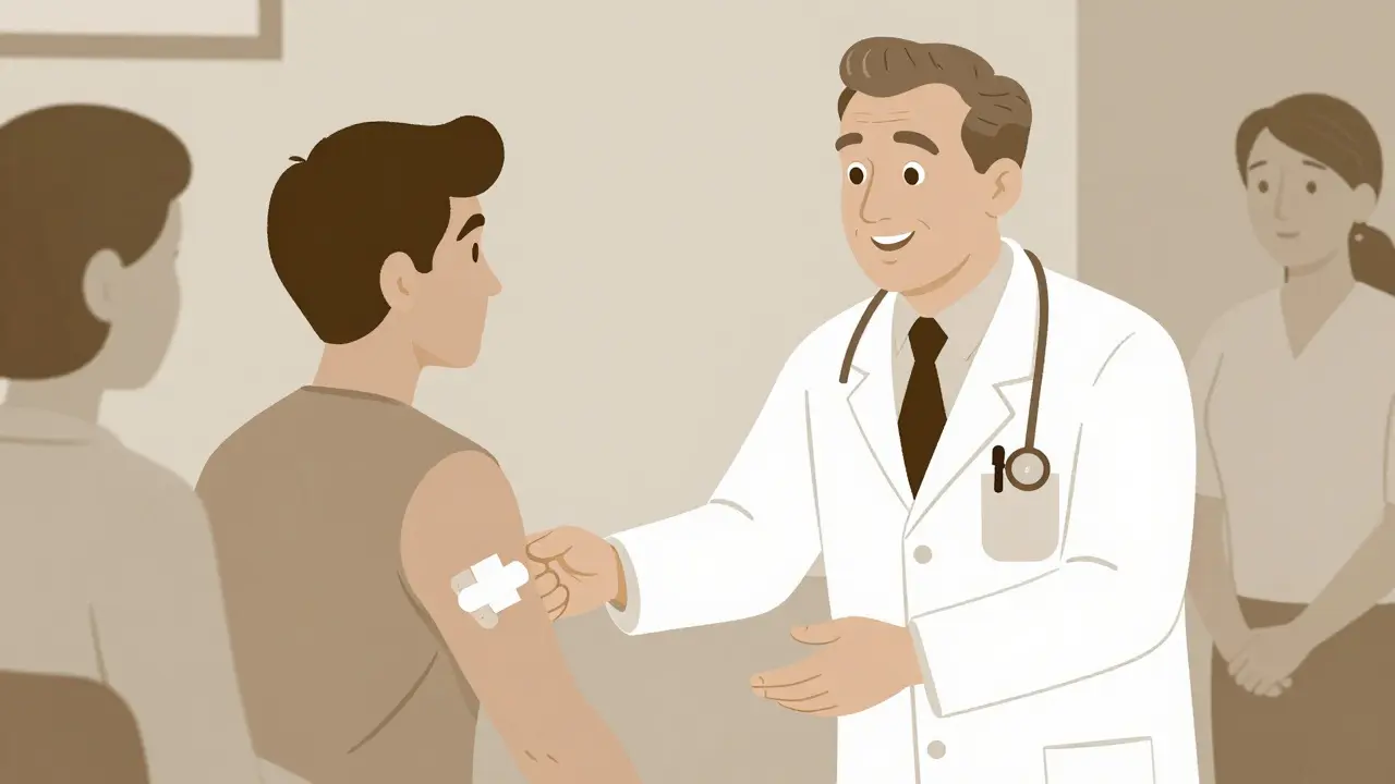 Vintage cartoon doctor helping a patient with a patch.