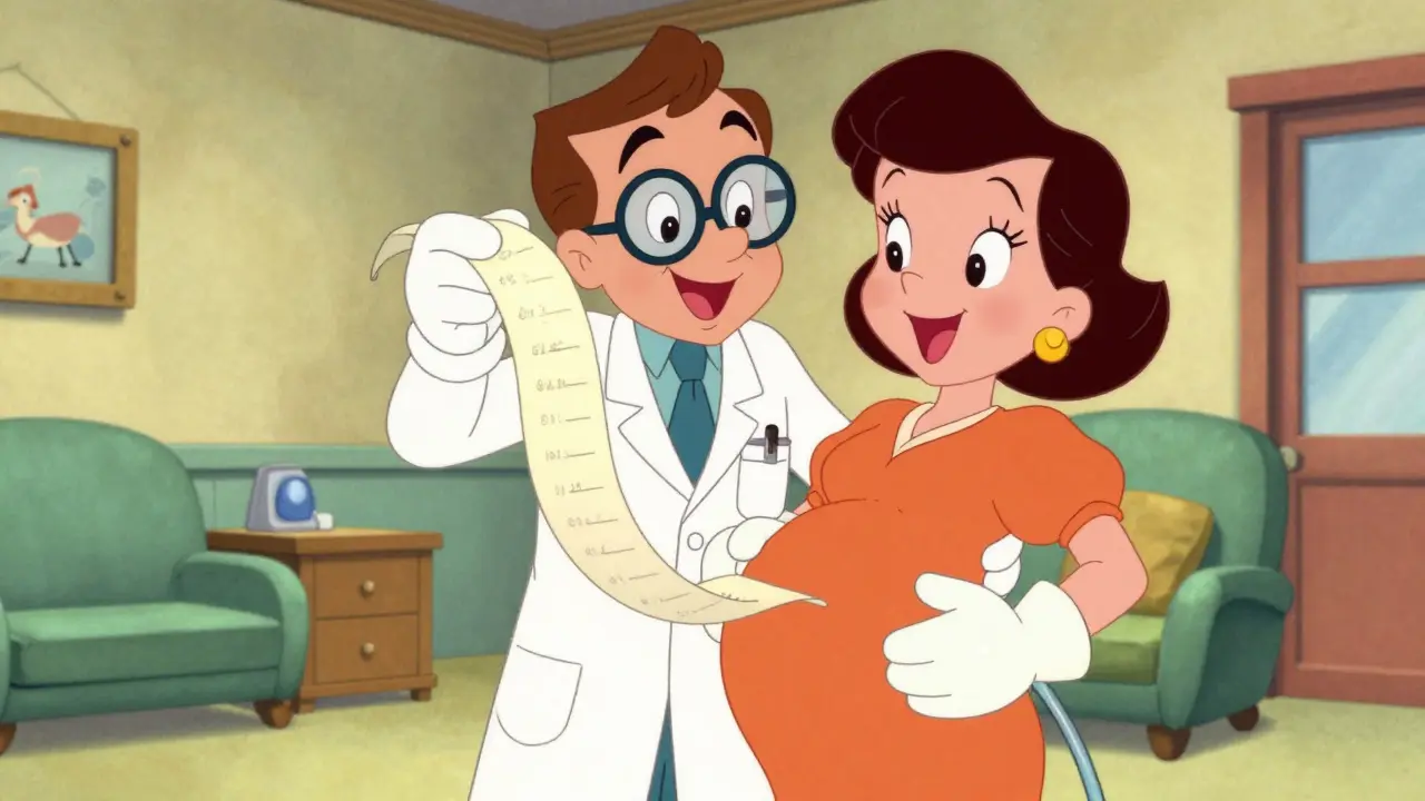 A pregnant woman and doctor reviewing a medication list in a 1930s animation style.
