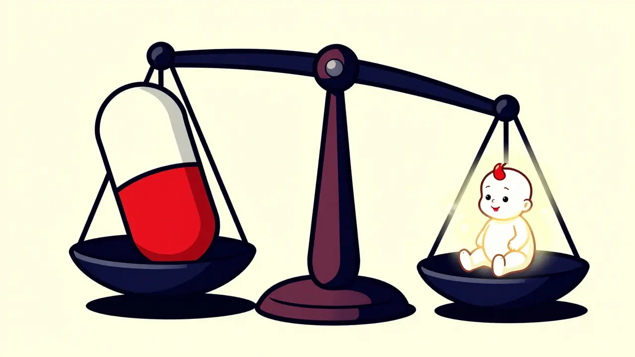 A vintage cartoon balance scale weighing a pill against a baby's health.