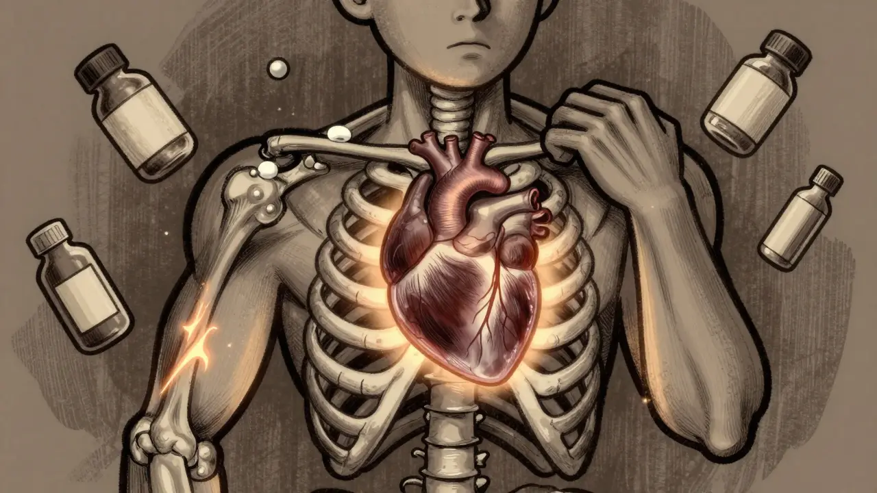 Animated figure feeling muscle tension near heart area
