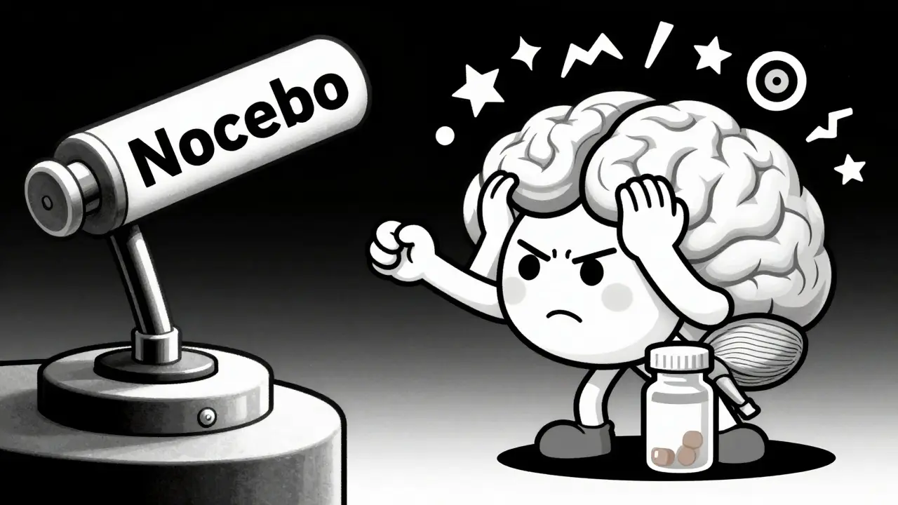 Cartoon brain control room depicting the nocebo effect causing a headache.