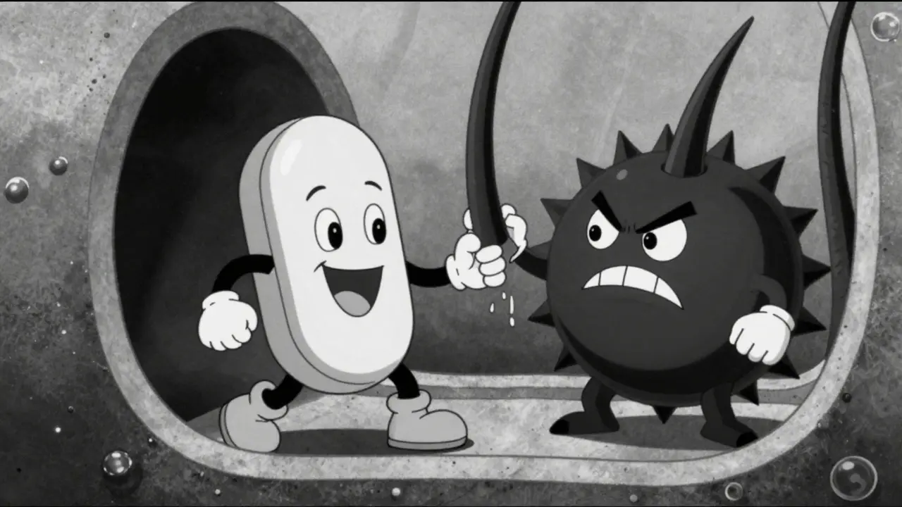 Cartoon pill character blocking a hormone monster in a hair follicle
