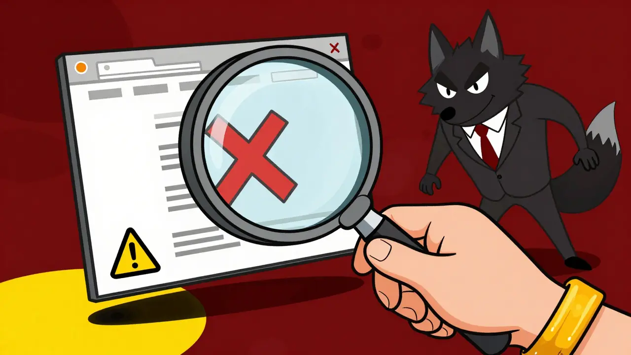 Character using a magnifying glass to spot an online pharmacy scam in cartoon style