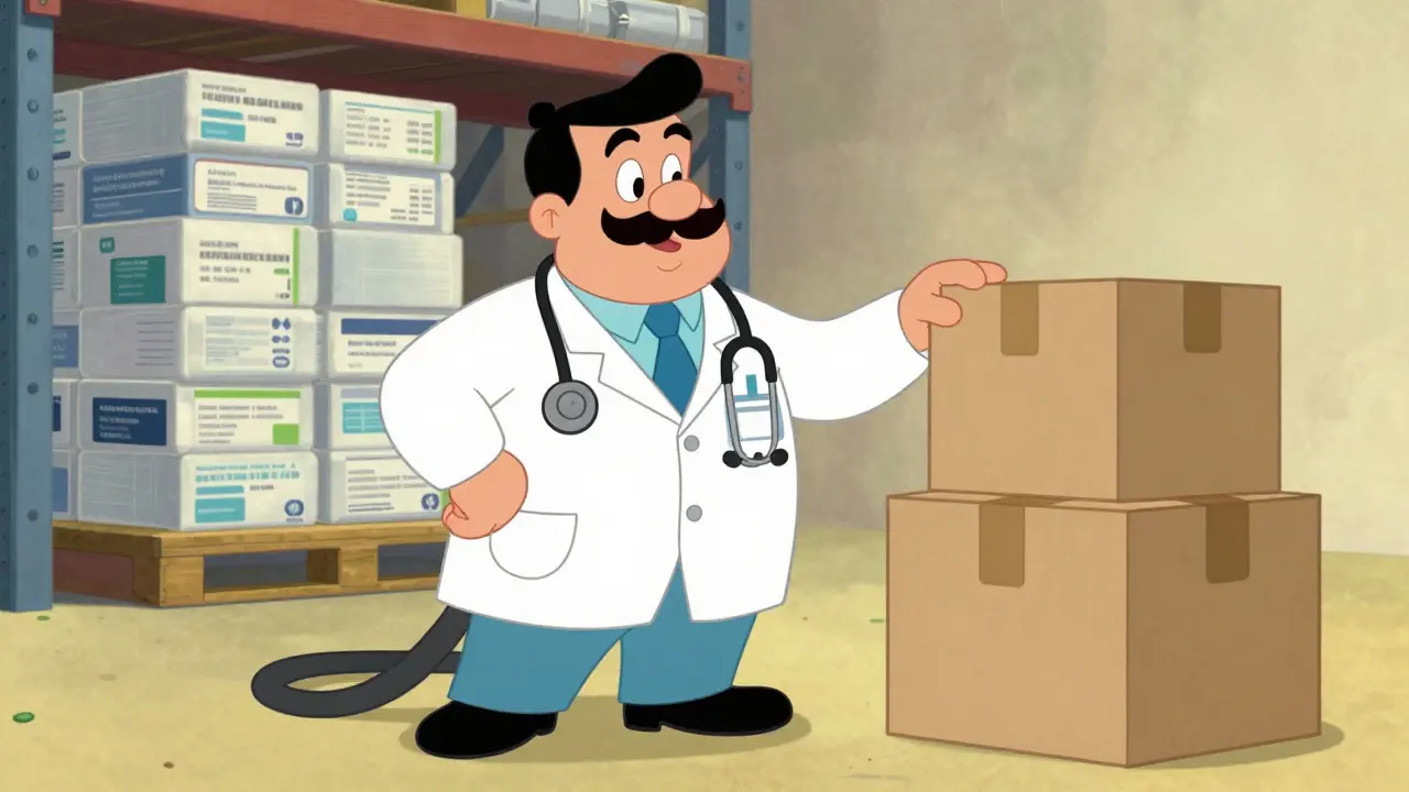 Cheerful cartoon doctor next to bulk medical supply crates in rubber hose style.
