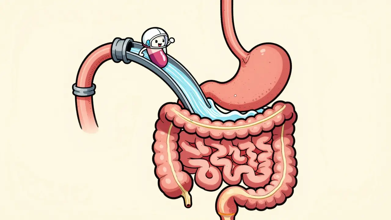 Cheerful pill character sliding through a cartoon digestive system to the colon