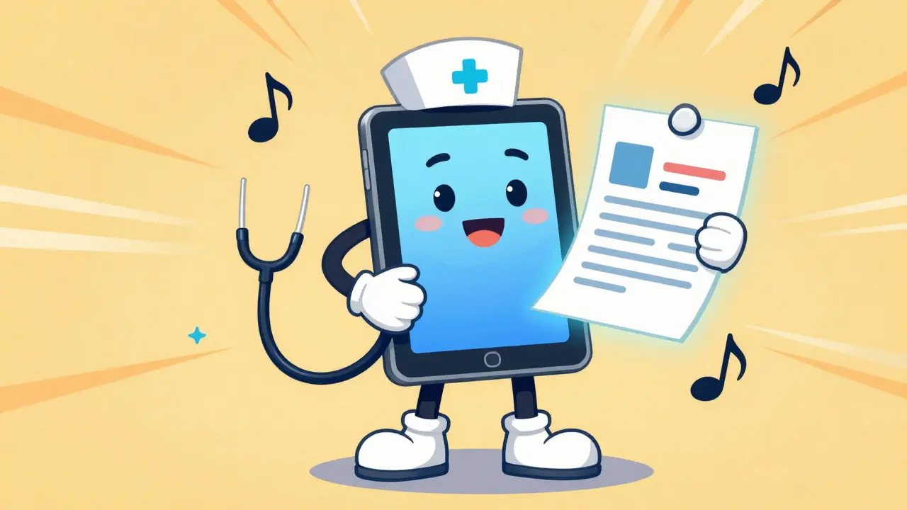 Personified digital tablet doctor providing a quick online prescription in rubber hose style