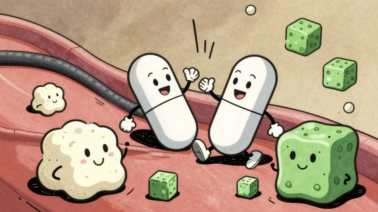 Personified drug ingredients and fillers illustrated in a 1930s animation style.