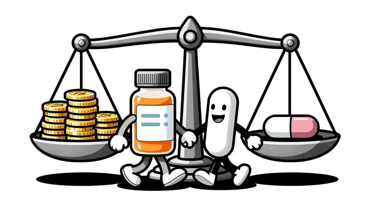 Personified medicine bottle and pill with a scale showing price savings