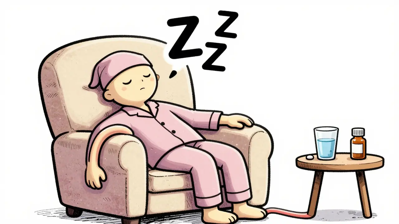 Sleepy cartoon character napping in a chair, illustrating medication drowsiness.