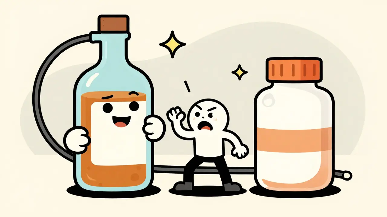 Wobbly cartoon character standing between a giant pill bottle and a bottle of alcohol.